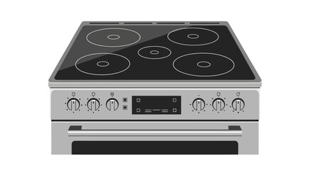 A front-facing illustration of a modern, silver electric range. It has a glass cooktop with five burners and an oven with a handle