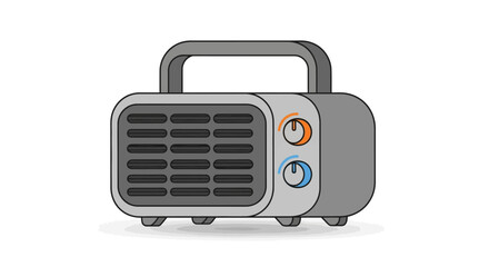 A stylized illustration of a gray portable electric heater with a carrying handle, control dials, and a vent