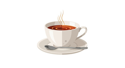 A cartoonish depiction of a white teacup and saucer filled with hot, dark liquid, with steam rising. A spoon rests beside it