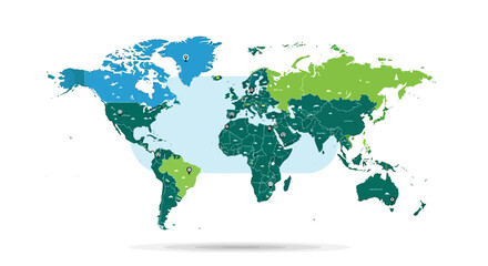 Flat world map with continents in various shades of green and blue, showing countries with pin-point locations © mboku