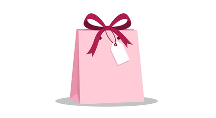 A pink paper gift bag with a burgundy bow and tag, placed on a white surface with a shadow