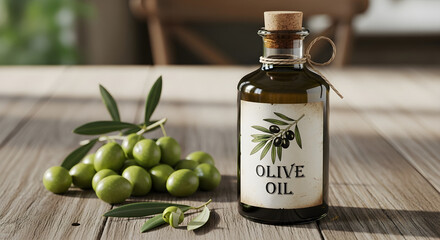 Olive Oil Bottle with Green Olives on Wooden Table | Natural Food Product for Mediterranean Cuisine, Healthy Eating, and Cooking Ingredients