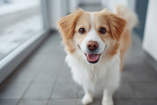 Close up portrait of a happy golden retriever dog with snow on its fur and face looking directly at the camera with its mouth open in a joyful expression