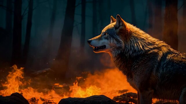 Majestic wolf standing alert amid blazing forest fire with smoke and flames at night