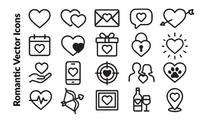 Fototapeta premium Red and Brown Love Icon Set. Valentine's Day Symbols Collection: Heart, Rose, Gift, Engagement Ring, Cupid, Couple Silhouette, and Romantic Elements. Vector.