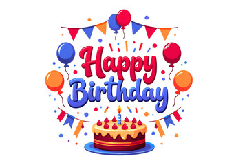 Happy birthday vector greeting card design featuring colorful bold text, delicious cake with single lit candle, festive balloons, and bright bunting flags decoration isolated on white.