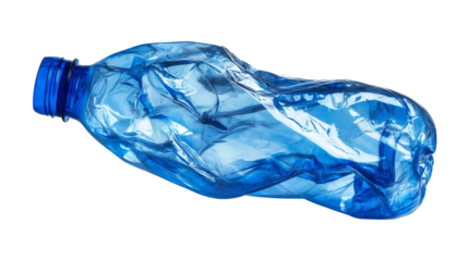 Crumpled Blue Plastic Bottle on Transparent Background Showcasing the Impact of Waste and Pollution in Our Environment on Transparent Background