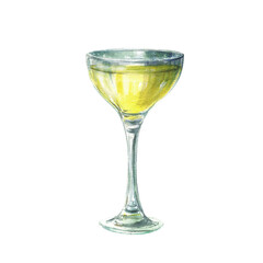 Glass of limoncello. Drink shot with yellow beverage, Homemade traditional Italian alcoholic liqueur made from lemons. Watercolor hand drawn illustration for cocktails party. Isolated from background