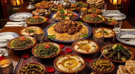 Fototapeta premium A table set with a variety of Middle Eastern dishes, including rice, vegetables, and meat, arranged on a tablecloth with a decorative table runner.