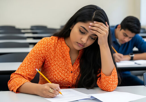 A young woman looks stressed while she takes a test in a classroom with other students
