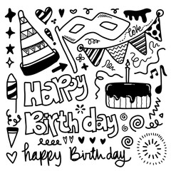Birthday party doodles. A set of birthday party elements with a cute black line design.