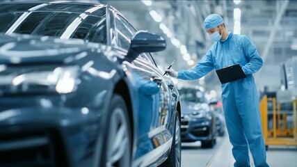 A professional engineer in protective clothing conducts quality checks on new cars in a state of the art automotive assembly plant. The facility showcases innovation and cutting edge technology