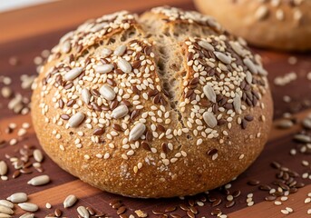 Close up of a rustic whole grain bread roll covered in a variety of seeds on a wooden board