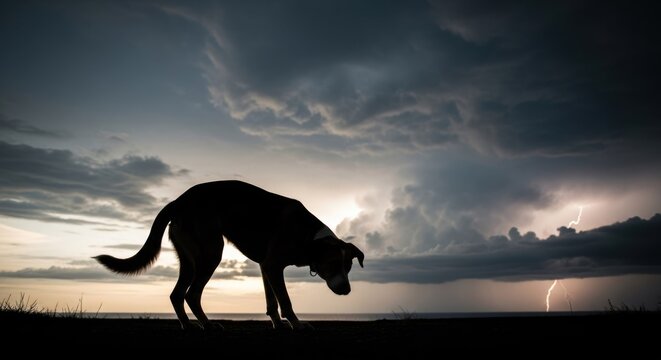 A silhouette of a dog standing on a beach with a dramatic sky and lightning in the background.
