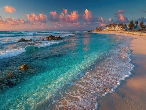 A serene beach scene with smooth sand and a wide clear blue sky