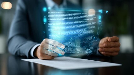 A professional examines a holographic document above a paper contract, representing the integration of digital and traditional workflows. The scene emphasizes innovation and business technology trends - Powered by Adobe