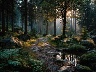 Obraz premium A serene image of the first sunlight breaking through dense forest