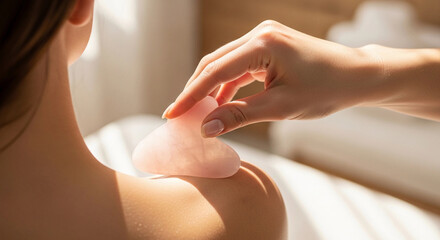 Naklejka premium A close-up of a hand using a pink gua sha stone on a woman's shoulder. The setting is bright and serene, ideal for self-care and wellness routines.