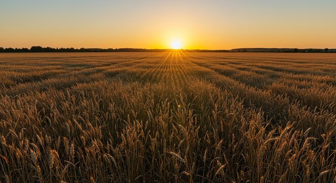 Golden hour sunlight warming a vast, dry summer field, signaling the final stretch of the hot season and agricultural ripeness ,vast ,nature ,harvest