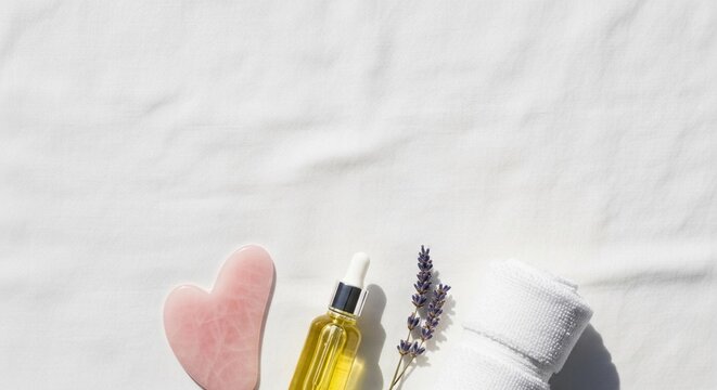 A pink gua sha stone, a bottle of oil, and lavender sprigs on a white cloth. Ideal for self-care and wellness routines at home.