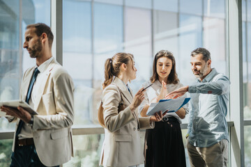 A diverse group of professionals gathers by a glass wall, reviewing papers and sharing ideas. The...