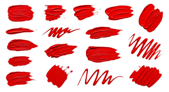 Various vibrant red textured brushstrokes, cosmetic smears, and abstract artistic paint dabs in different shapes and styles, dynamic art collection isolated on a clean white background.