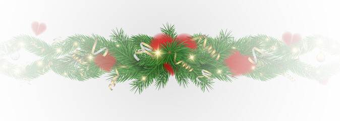 Garland of spruce branches. Christmas holiday decorations, realistic live fir tree effect with decorations for poster banners, png vector.Adobe Illustrator Artwork	
