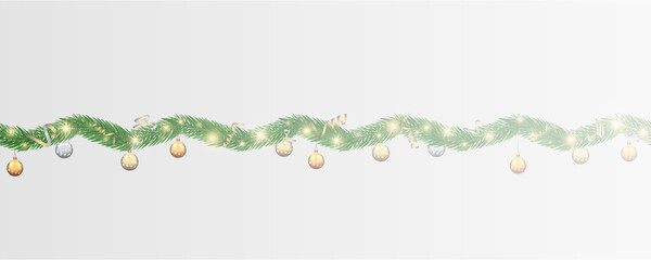 Garland of spruce branches. Christmas holiday decorations, realistic live fir tree effect with...