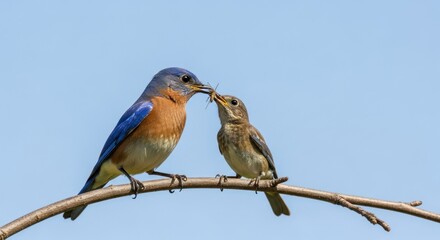 Two bluebirds perched on a branch against a clear blue sky.