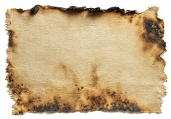  Isolated, close-up view of an antique aged parchment document with dark black char marks on a white background showcasing texture and aged detail.