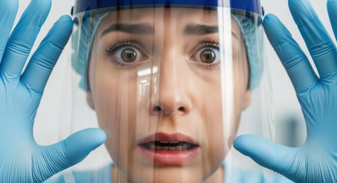 A woman wearing a face shield and gloves, looking surprised.