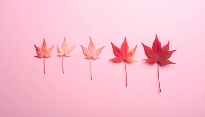 Progression of Autumn - Maple Leaves in Gradual Color Change on Pink.