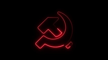 Red neon hammer and sickle symbol glowing on black background abstract communism ideology concept historical