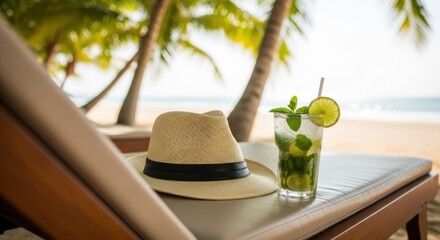 A straw hat and a glass of mojito with lime and mint on a beach chair.