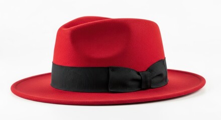 A red fedora hat with a black ribbon on a white background.