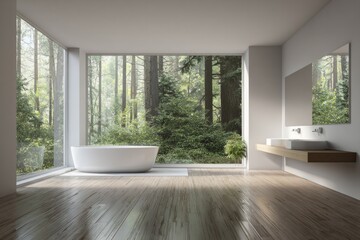 Fototapeta premium Modern bathroom with soaking tub and forest view.