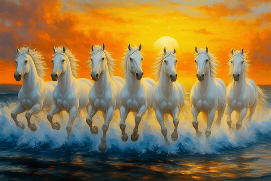 Seven Whaite Horses Runing sunset over lake