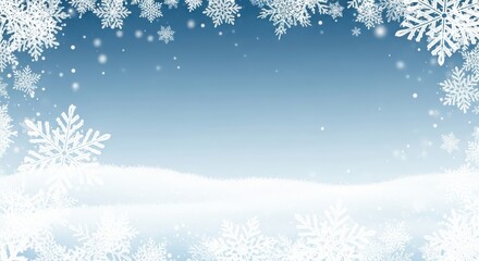 Snowflakes falling on a blue background with a snowdrift in the foreground