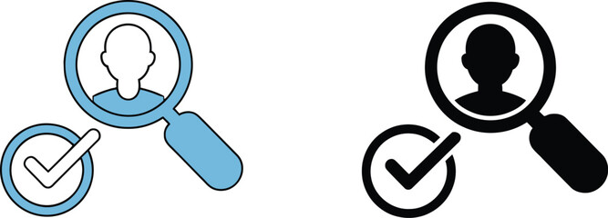 Vector icon set for talent acquisition and user verification, depicting a magnifying glass on a person with a confirmation checkmark