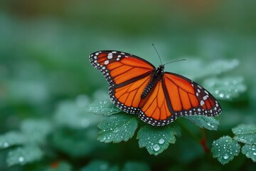 Fototapeta premium Detailed Macro Close-Up Of A Monarch Butterfly With Orange Wings And Black Markings Resting On A Dew-Covered Green Leaf With Soft Natural Lighting