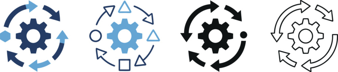 Versatile icon set featuring a cogwheel surrounded by cyclical arrows, symbolizing continuous process improvement, workflow automation, and iterative development in technology and business systems