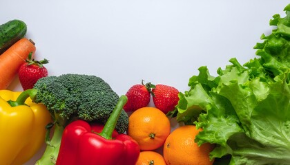 Fresh Vegetables and Fruits Border on White Background