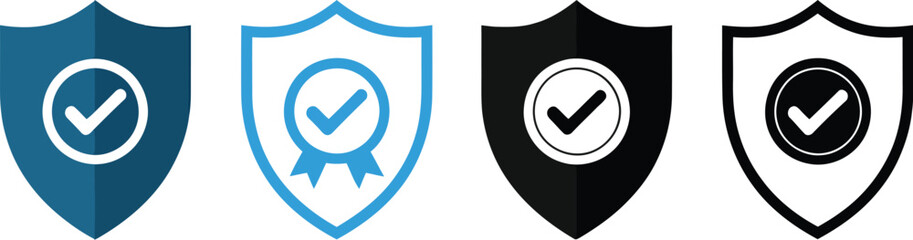 A versatile collection of security shield icons with checkmarks, illustrating concepts of trust, validation, and quality assurance in various flat and outline styles