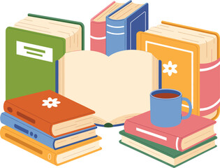Vibrant stacks of colorful books including green, blue, orange, and pink, featuring an open book and a warm beverage, symbolizing knowledge, education, and the joy of reading and learning