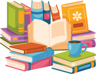 Books and coffee illustration. Stack of books, opened book, coffee cup and various stationery