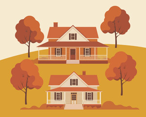 Charming illustration of traditional homes with inviting wraparound porches, white siding, red-orange roofs, and autumn trees on a rolling rural landscape