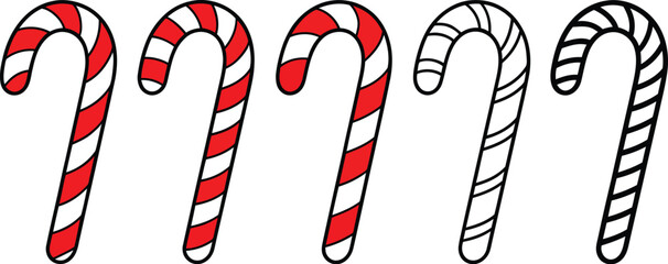 Five horizontal candy cane illustrations. Three designs show red and white stripes; two are black and white outlines. Ideal for festive holiday graphics