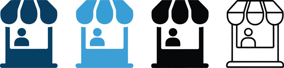 Diverse Market Stalls Icons Depicting Commerce and Trade with Varied Coloration and Styles