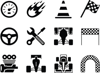 A versatile set of monochrome motorsport and racing icons, featuring symbols like a speedometer, checkered flag, race car silhouette, and repair tools