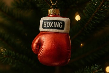 Boxing glove-shaped Christmas ornament hanging on tree, macro photo